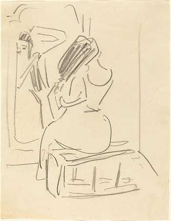 一个女人在镜子前梳头`A Woman Combing Her Hair in Front of a Mirror by Ernst Ludwig Kirchner