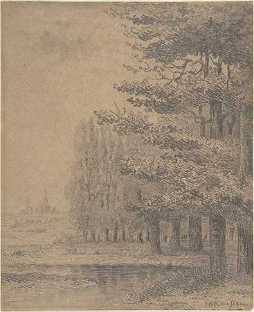 景观（河边的一片树林）`Landscape (A Grove of Trees Standing Near a River) (1828–67) by Théodore Rousseau
