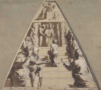 圣母在圣殿中的展示（下图），亚伯拉罕即将献祭以撒（上图）`Presentation of the Virgin in the Temple (below), Abraham about to Sacrifice Isaac (above) (1520) by Perino Del Vaga