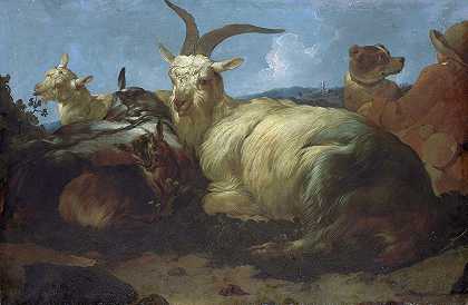 牧羊人看着他的动物`A Goatherd Watching his Animals (1683) by Johann Melchior Roos