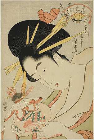 《039》系列中的奥吉亚的妓女花仁，以及随从樱花和墨姬五大节日之美（Bijin gosekku）和`The Courtesan Hanahito of the Ogiya and attendants Sakura and Momiji, from the series ;Beauties of the Five Festivals (Bijin gosekku) (c. 1795~1800) by Ichirakutei Eisui