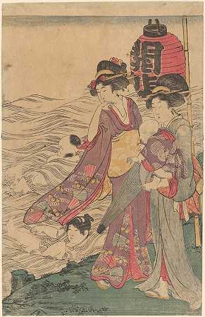 两个带着孩子的女人在海边`Two Women with Children at the Seashore (ca. 1800–1806) by Kitagawa Utamaro