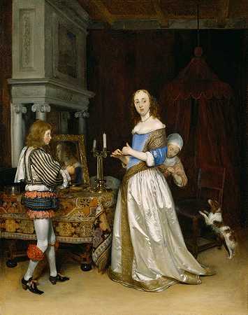 打扮得花枝招展的女士`Lady at Her Toilette (ca. 1660) by Gerard ter Borch