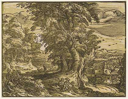 牧羊人夫妇的风景`Landschaft Mit Hirtenpaar (1597~1600) by Hendrick Goltzius