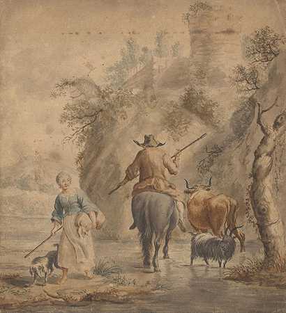 河流景观中有骑手、女人和牛`Rivierlandschap met een ruiter, vrouw en vee (1631 ~ 1733) by Nicolaes Pietersz. Berchem