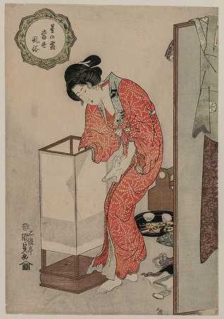 女人熄灯（摘自《现代风俗：星光下的霜》系列）`Woman Putting Out a Light (from the series Modern Customs: Frost Beneath the Stars) (c. 1820) by Utagawa Kunisada (Toyokuni III)