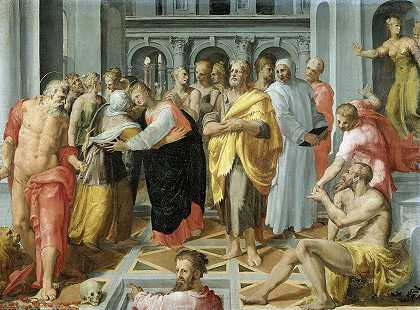 探访（玛丽和伊丽莎白在圣徒约瑟夫和杰罗姆面前的会面）`Visitation (Meeting of Mary and Elizabeth in the Presence of Saints Joseph and Jerome) (1550 ~ 1600) by Pellegrino Tibaldi