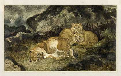 母狮和幼崽`Lioness and Cubs (c. 1832) by Antoine-Louis Barye