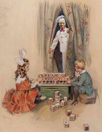 积木讲述了一个故事，奶油小麦广告`The Blocks Tells the Story, Cream of Wheat advertisement (circa 1908) by Otto J. Schneider