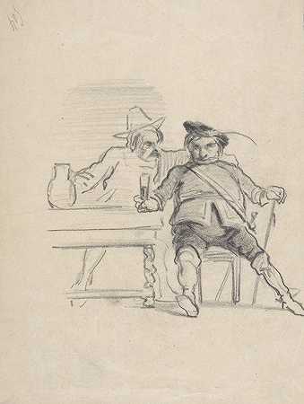两个男人坐在桌子旁喝酒`Two male figures seated at a table, drinking by Félicien Rops