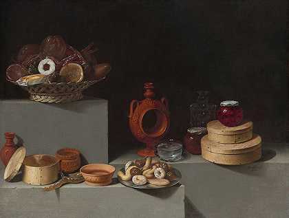 带糖果和陶器的静物画`Still Life with Sweets and Pottery (1627) by Juan van der Hamen y León