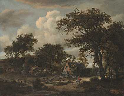 带小屋和骑手的森林景观`Wooded Landscape with Cottage and Horseman (1663) by Meindert Hobbema