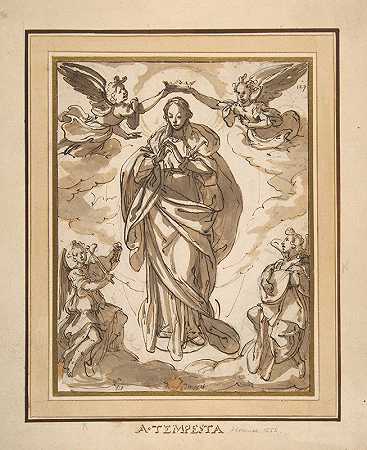 圣母无瑕加冕`The Virgin Immaculate Crowned by Two Angels, with Angel Musicians in the Foreground (1555–1630) by Two Angels, with Angel Musicians in the Foreground by Domenico Fontana