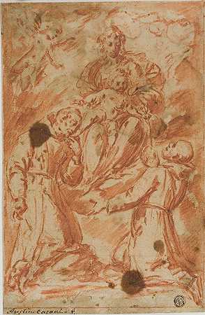 圣母和荣耀中的孩子被崇拜`Virgin and Child in Glory Worshipped by Two Monk Saints by Two Monk Saints by Bernardo Strozzi