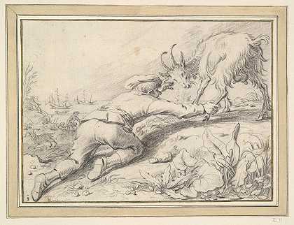 男孩在抓山羊`Boy catching a goat by Jacob Gerritsz Cuyp