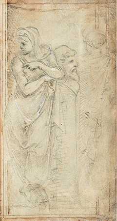 两个披着衣服的女人站在一位隐士的两侧`Two Draped Women Standing on Either Side of a Herm (1488~1493) by Filippino Lippi