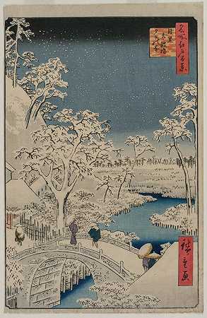 《江户名胜古迹100景》系列中，美古罗鼓桥的暮色图片`Picture of Twilight at the Drum Bridge in Meguro, from the series 100 Views of Famous Places in Edo (1857) by Andō Hiroshige