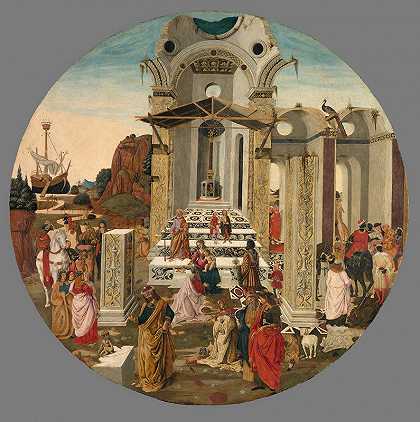 东方三博士的崇拜`The Adoration of the Magi (c. 1495) by Raffaello Botticini