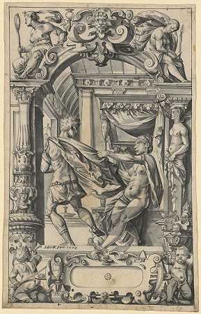 上图中，约瑟夫从波提乏的妻子手中逃脱，导致椎间盘破裂`Scheibenriss mit Josefs Flucht vor Potiphars Weib, in den Oberbildern Fides und Prudentia (1573) by Hans Bock the Elder