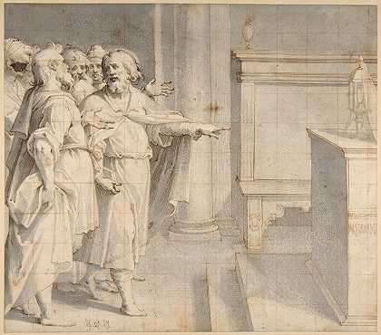一位男性圣徒紧随其后`A Male Saint Followed by a Group of Men, Pointing to a Monstrance on an Altar (1555–1619) by a Group of Men, Pointing to a Monstrance on an Altar by Giovanni Battista Trotti