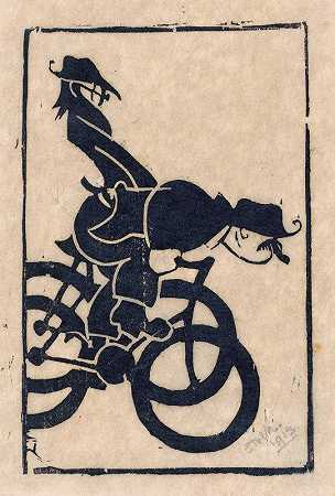 Chris Lebeau和Frits Grabijn骑自行车的漫画`Karikatuur van Chris Lebeau en Frits Grabijn op de fiets (1913) by Reijer Stolk