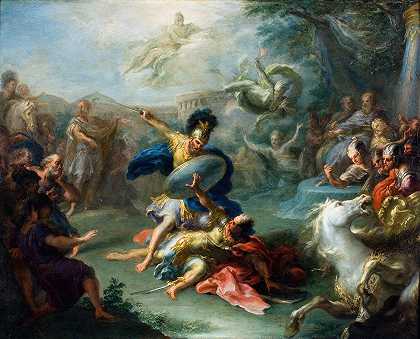 埃涅阿斯和图努斯国王之间的战斗，来自维吉尔的埃涅阿斯`The Fight Between Aeneas and King Turnus, From Virgil’s Aeneid (Circa 1700) by Giacomo Del Po