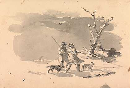 冬季场景中的两个猎人和两只狗`Two Hunters and Two Dogs in Winter Scene by Thomas Sully