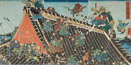《在Hōryūkaku屋顶上的战斗》，选自《039》八条狗的故事（哈肯登）`Battle on roof of Hōryūkaku, from the Play ;Tale of the Eight Dogs (Hakkenden) (1854) by Utagawa Kunisada II
