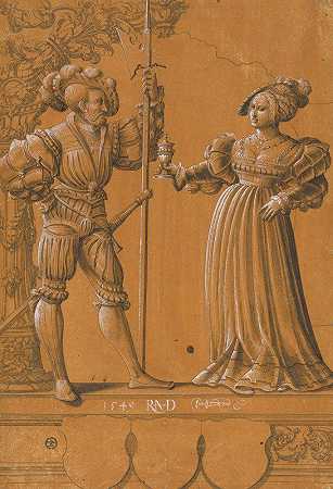 与一位女士向Landsknecht餐厅递上欢迎饮料，切碎饮料`Scheibenriss mit Frau, die einem Landsknecht den Willkommtrunk reicht (1549) by Hans Rudolf Manuel
