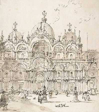 带圣马可大教堂的广场景观`View of Piazza with Basilica of San Marco (1712–93) by Francesco Guardi
