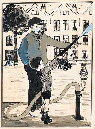 街上拿着消防水管的男孩`Jongen met brandslang op straat (1925) by A. Tinbergen