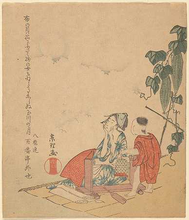 带着甜瓜的女人和男孩`Woman and Boy with Melon Plant (ca. 1790–1793) by Katsushika Hokusai