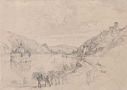 从东南方向看莱茵河，普法尔茨格拉芬斯坦城堡和考布`View of the Rhine with Pfalzgrafenstein Castle and Kaub Seen from the South~East (1815) by Johann Adam Klein