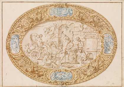 大型椭圆形银盘的设计（全尺寸施工图），带有银色镀金边框，显示Vulcan和s锻造`Design (Full~Scale Working Drawing) for a Large Oval Silver Dish with Silver Gilt Border Showing Vulcans Forge (1646–1722) by Giovanni Giardini