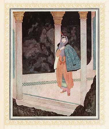 王子在地下宫殿遇见了一位高贵的女士`The Prince meets a noble Lady in the Underground Palace (1914) by Edmund Dulac