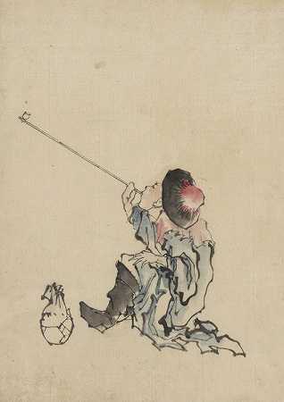 一位旅行者坐着，穿着长袍、靴子和圆顶锥形帽子，抽着长长的烟斗`A traveler, seated, wearing a robe, boots, and rounded~top conical hat, smoking a long pipe (1830~1850) by Katsushika Hokusai