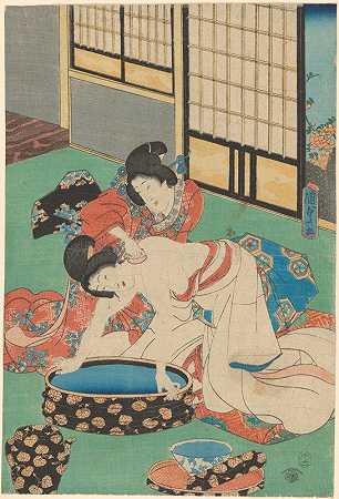 一个女人俯身在浴缸上洗澡`Woman Leaning over Tub, Being Bathed by Her Maid (ca. 1858) by Her Maid by Utagawa Kunisada (Toyokuni III)