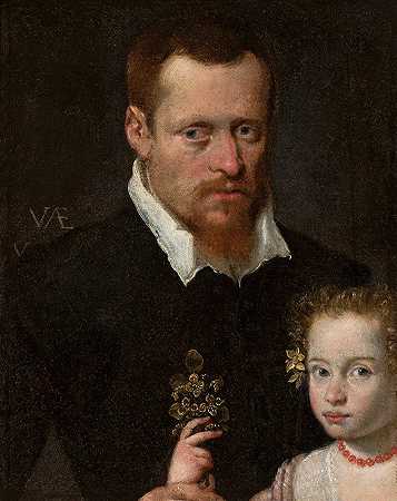 一个男人和他女儿的肖像`Portrait of a man with his daughter by Sofonisba Anguissola