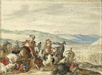 骑兵冲突山区景观`Cavalry Skirmish Mountainous Landscape (1636 ~ 1640) by Bartholomäus Dietterlin