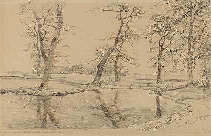 苏联农场附近的一条小溪，有奶牛和两个人`A Brook near a Farm in Usserød with Cows and Two Figures (1847) by Johan Thomas Lundbye
