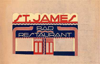 改建圣詹姆斯酒吧餐厅的设计和照片，W.181 St.和纽约州纽约市。]【外立面研究】`Designs and photographs for alterations to St. James Bar Restaurant, W. 181 St. and New York, NY.] [Study of exterior elevation (1945) by Winold Reiss