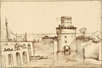从这里可以看到一个设防的港口`Landscape with a View of a Fortified Port (1635) by Guercino