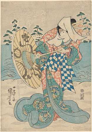 雪景女性形象（穿着飘逸的蓝色、绿色和粉色长袍）`Snow Scene; Female Figure (in flowing blue, green, and pink robe) (19th century) by Utagawa Kuniyoshi