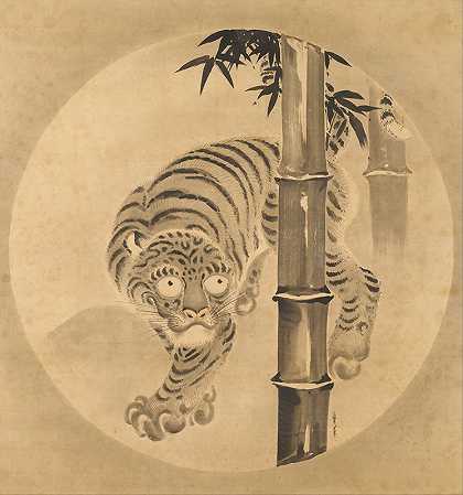 竹林中的老虎`Tiger Emerging from Bamboo (1704~1713) by Kanō Tsunenobu