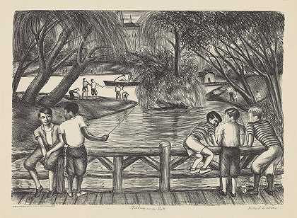在公园钓鱼`Fishing in the Park (1935~1943) by Richard Lindsey William