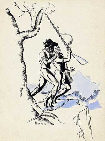 一名男子用枪勒死一名猎人`Man wurgt een jager met vuurwapen (1936) by F. Ockerse