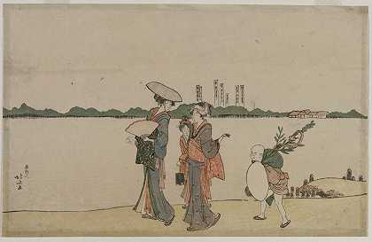 沿着Sumida河散步的妇女和儿童`Women and Children Walking Along the Sumida River (early 1800s) by Katsushika Hokusai