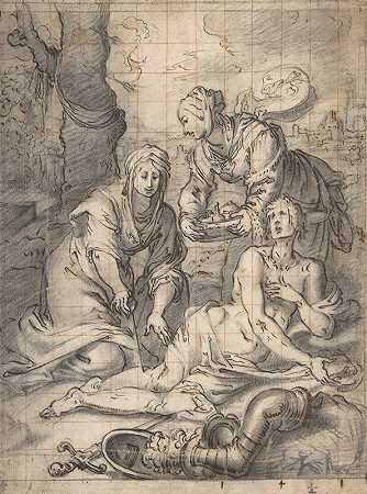 两个女人在为圣塞巴斯蒂安的伤口做注释`Two Women Annointing the Wounds of Saint Sebastian (1585–1644) by Giovanni Biliverti