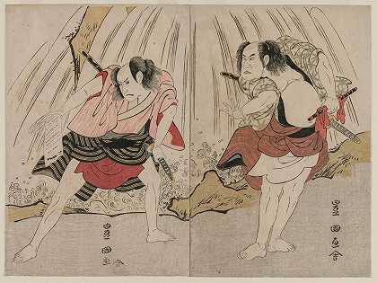 Kataoka Nizaemon VII和Ichikawa Yaozo III在瀑布旁对峙`Kataoka Nizaemon VII and Ichikawa Yaozo III in a Confrontation Beside a Waterfall (c. 1797) by Toyokuni Utagawa