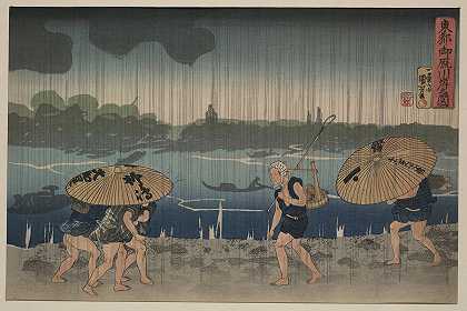 暴风雨期间，人们打着雨伞沿着海岸散步`People walking beneath umbrellas along the seashore during a rainstorm (1890) by Utagawa Kuniyoshi